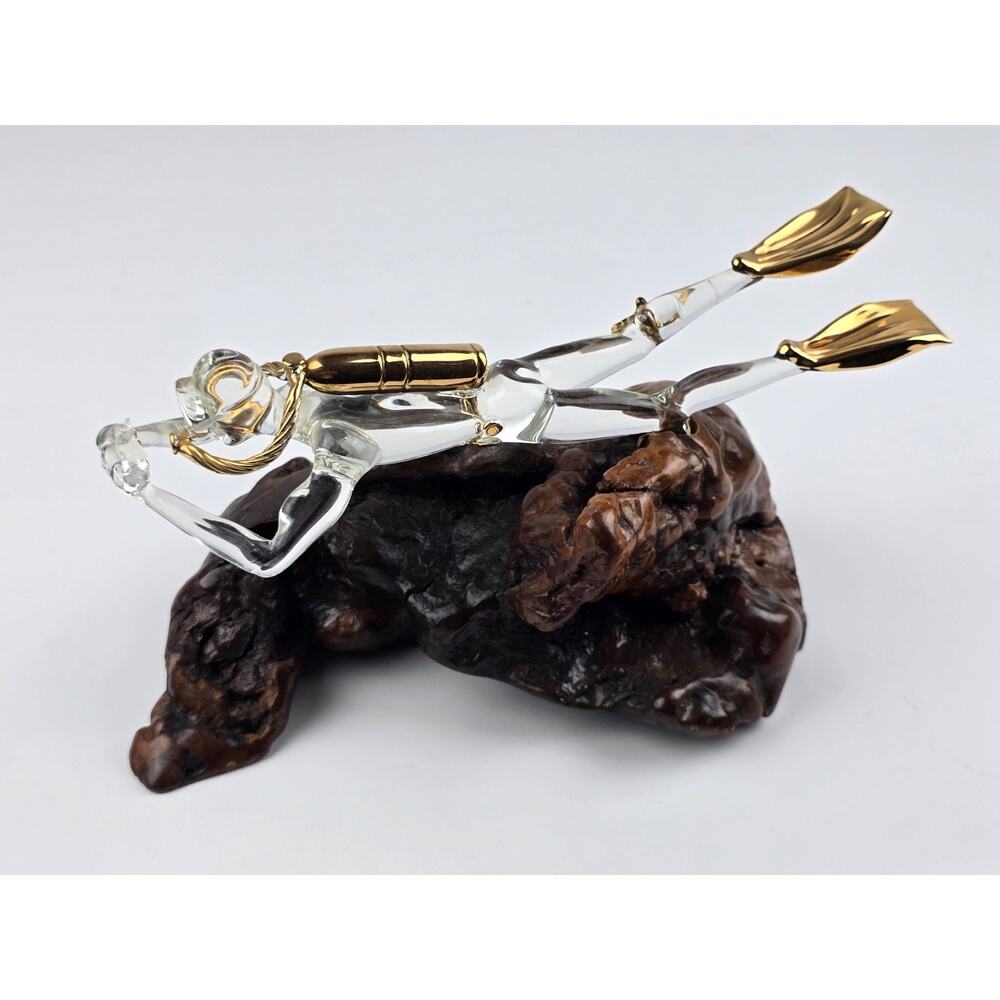 Glass Baron Hand Blown Scuba Diver Sculpture 22K Gold Accents on Wood
